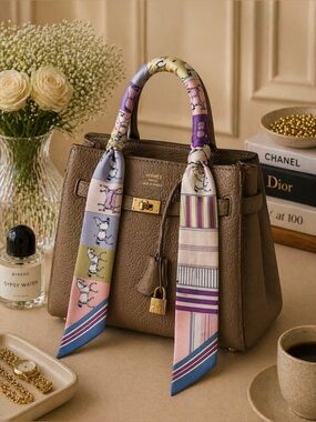 EQUESTRIAN SKINNY SCARF LAVENDER STRIPE HAIR TIE BAG HANDLE WRAP NECK WRIST TIE